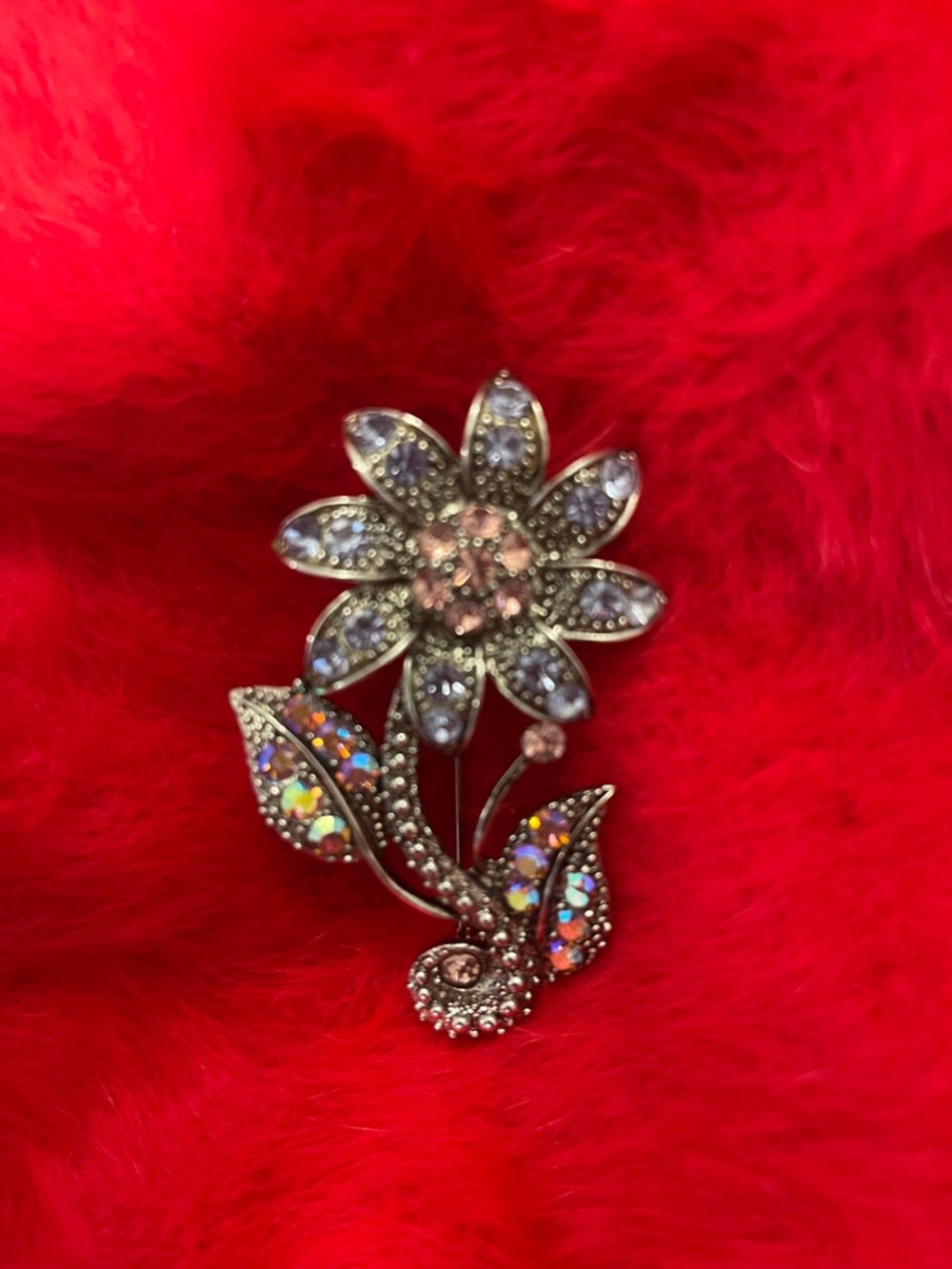 Sparkling Flower Brooch Pin in Pink and Iridescent Stones